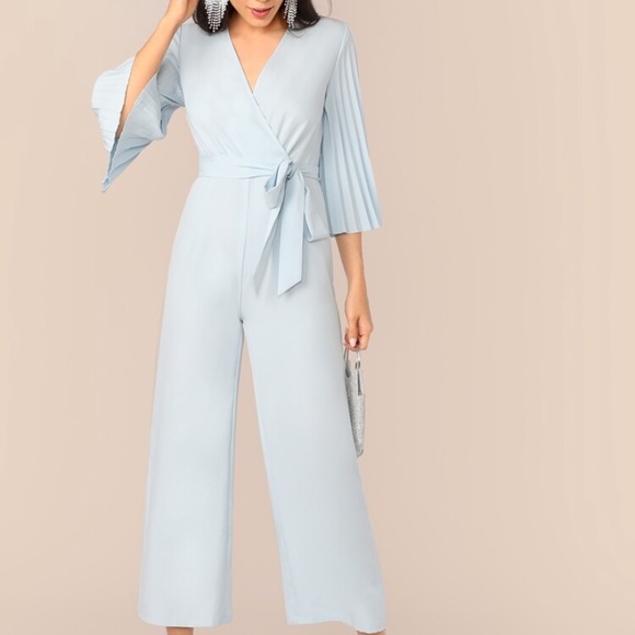 Pleated Sleeve Wrap Belted Wide Leg Jumpsuit